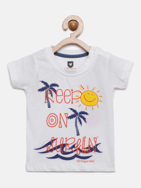 

612 league Boys White Printed Round Neck T-shirt