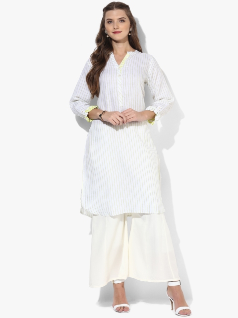 

Biba Women White & Lime Green Striped Straight Kurta