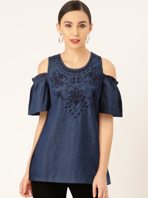 

Monte Carlo Women Navy Blue Chambray Embroidered Cold-Shoulder Top