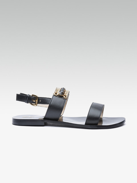 

Carlton London Women Black Embellished Leather Open Toe Flats