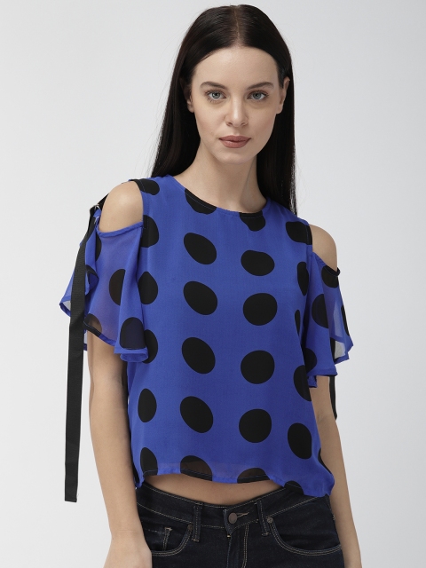 

Madame Women Blue & Black Printed Cropped Top with Cold-Shoulder Sleeves