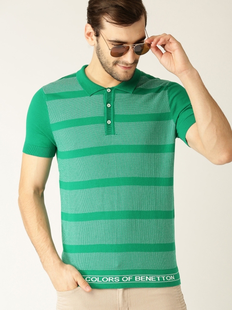 

United Colors of Benetton Men Green & White Striped Polo Collar T-shirt