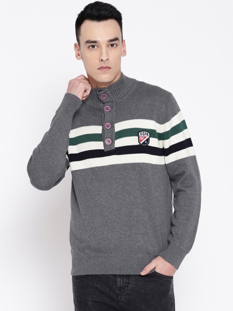

U.S. Polo Assn. Men Grey & Off-White Striped Detail Sweater
