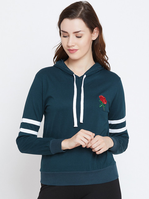 

The Dry State Women Teal Green Solid Hooded Sweatshirt