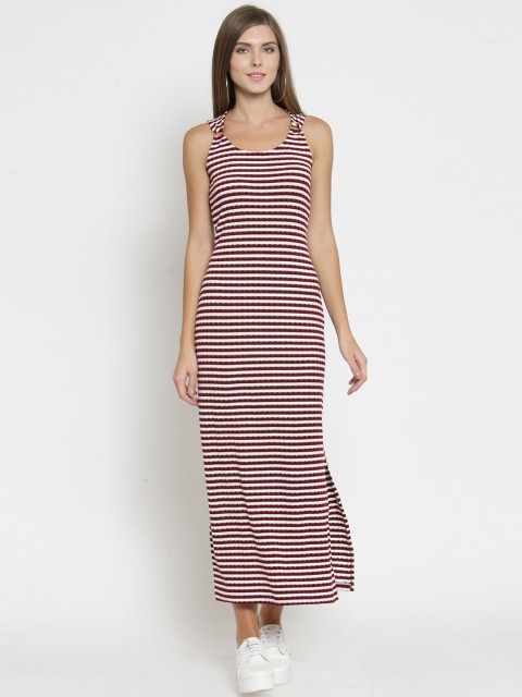 

Latin Quarters Women Maroon Striped Maxi Dress