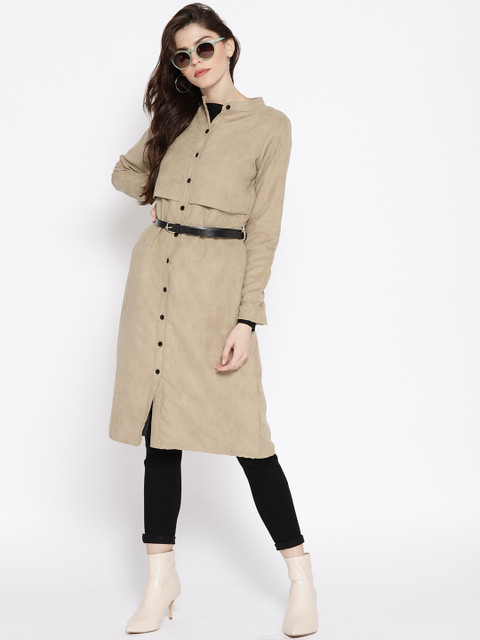 

Athena Women Beige Solid Longline Overcoat