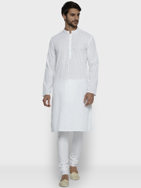

ethnix Men White Embroidered Kurta with Churidar