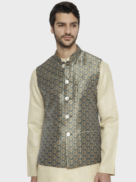 

ethnix Men Green and Beige Printed Nehru Jacket