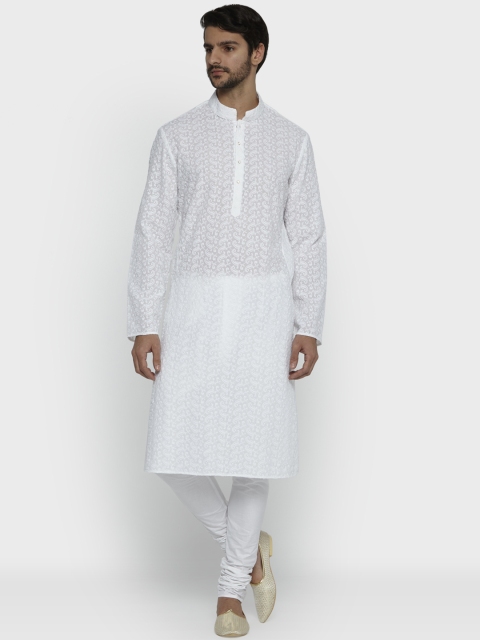 

ethnix Men White Embroidered Kurta with Churidar