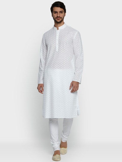 

ethnix Men White Embroidered Kurta with Churidar