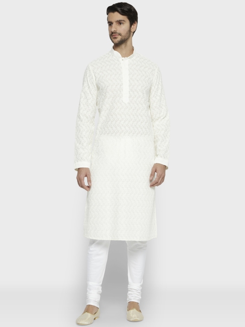 

ethnix Men White Embroidered Kurta with Churidar