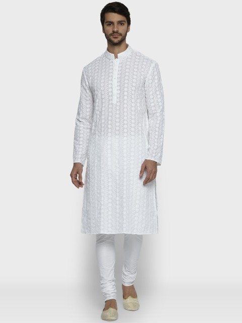 

ethnix Men White Embroidered Kurta with Churidar