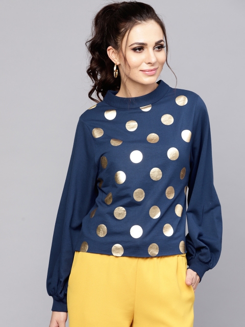 

SASSAFRAS Women Navy Blue & Golden Printed Sweatshirt