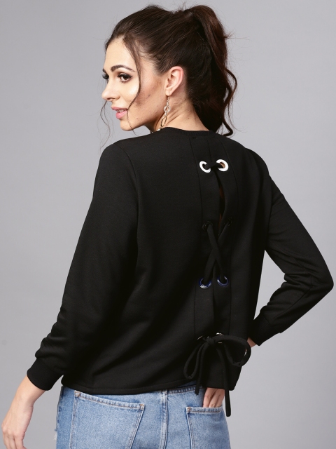 

SASSAFRAS Women Black Solid Styled Back Sweatshirt