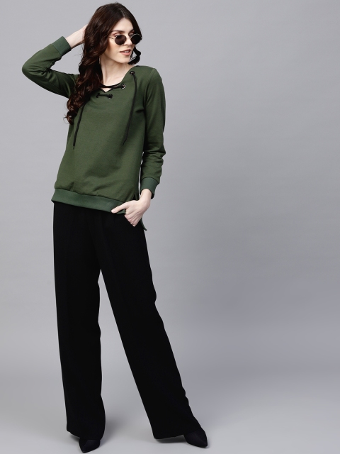 

SASSAFRAS Women Olive Green Solid Sweatshirt