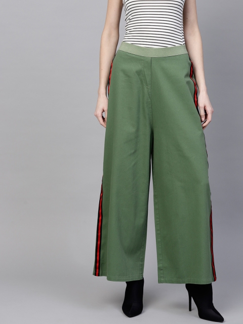 

SASSAFRAS Women Olive Green Regular Fit Solid Parallel Trousers