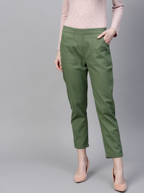 

SASSAFRAS Women Olive Green Regular Fit Solid Cropped Trousers