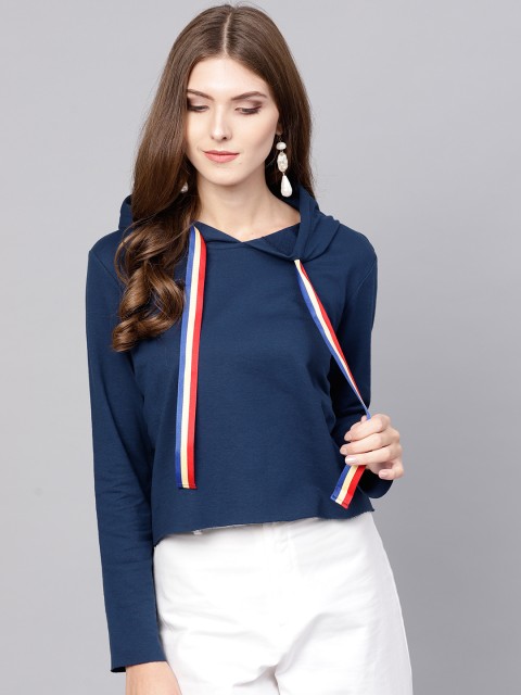 

SASSAFRAS Women Navy Blue Solid Hooded Sweatshirt