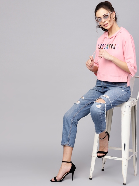 

SASSAFRAS Women Pink Solid Hooded Sweatshirt