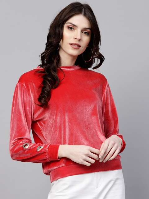 

SASSAFRAS Women Coral Red Solid Sweatshirt