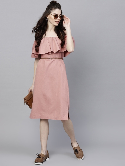 

SASSAFRAS Women Pink Solid Off-Shoulder A-Line Dress
