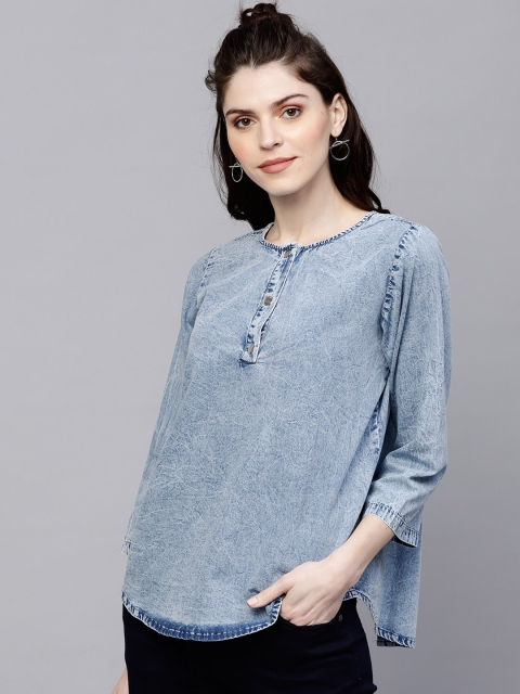 

SASSAFRAS Women Blue Denim Solid Styled Back Top