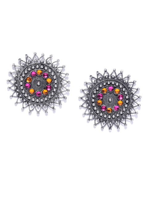 

Infuzze Oxidised Silver-Toned & Pink Beaded Circular Drop Earrings