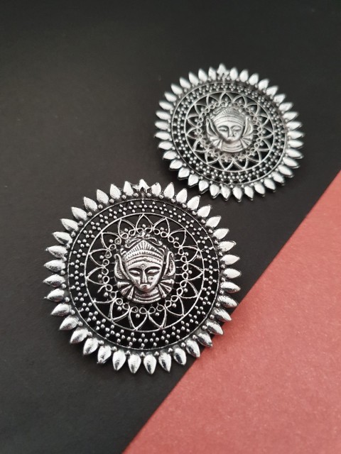

Infuzze Oxidised Silver-Toned Textured Circular Drop Earrings