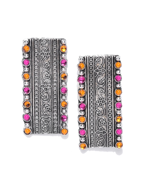 

Infuzze Oxidised Silver-Toned & Pink Stone-Studded Rectangular Drop Earrings