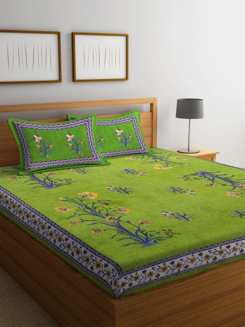 

Rajasthan Decor Green & Blue Floral Flat 144 TC Cotton Bedsheet with 2 Pillow Covers