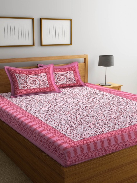 

Rajasthan Decor Pink & White Printed Flat 144 TC Cotton Double Bedsheet with Pillow Covers