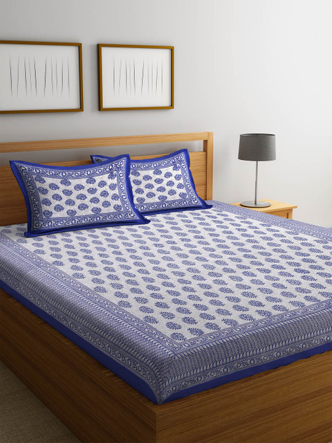 

Rajasthan Decor White & Blue Printed Flat 144 TC Cotton Double Bedsheet with Pillow Covers
