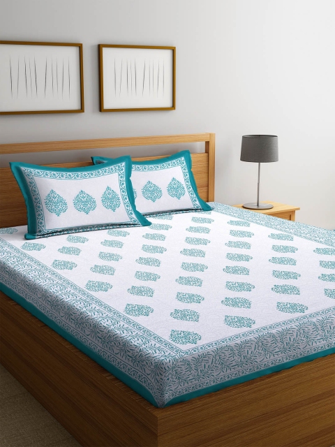 

Rajasthan Decor White & Teal Floral Flat 180 TC Cotton Bedsheet with 2 Pillow Covers