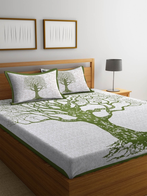 

Rajasthan Decor Off-White & Green Floral Flat 144 TC Cotton Bedsheet with 2 Pillow Covers