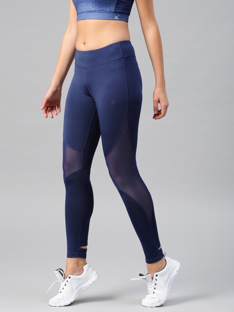 

HRX by Hrithik Roshan Women Blue Rapid-Dry Cropped Mesh Detail Lifestyle Tights, Navy blue