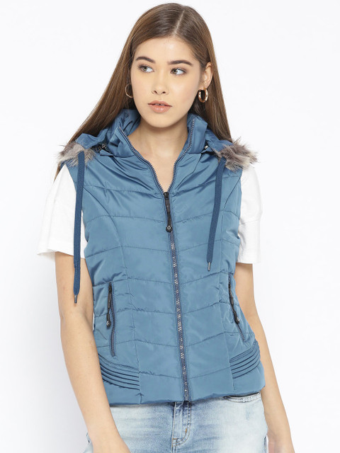 

Fort Collins Women Blue Solid Sleeveless Parka Jacket with Detachable Hood