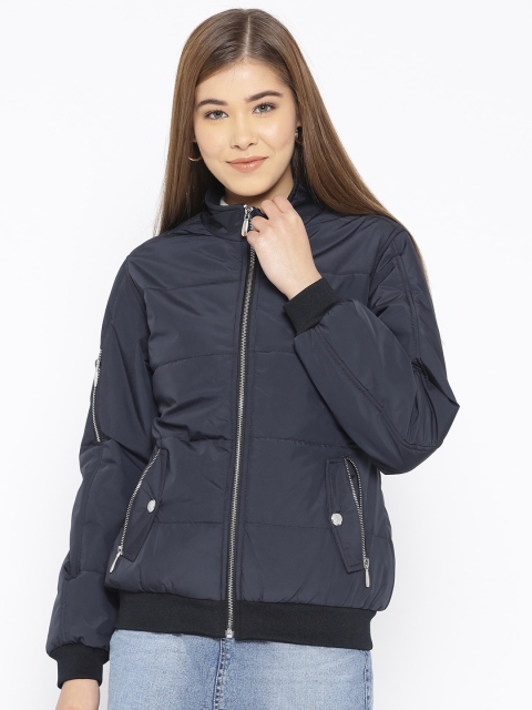 

Fort Collins Women Navy Blue Solid Bomber Jacket