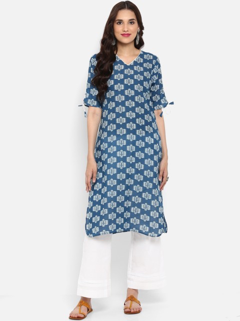 

Avaana Women Blue & White Printed Straight Kurta
