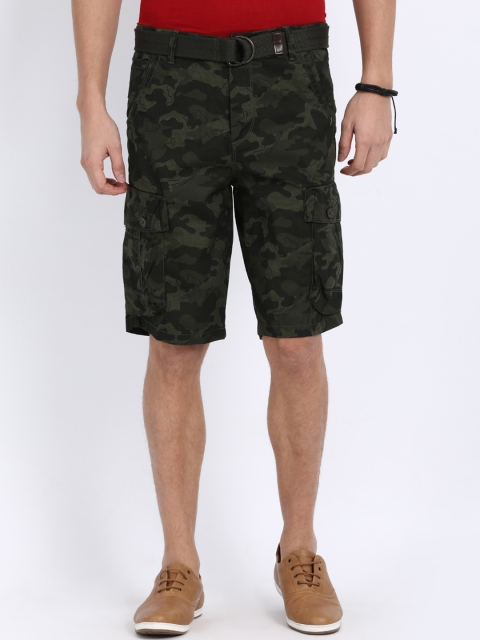 

t-base Men Olive Green Printed Regular Fit Cargo Shorts