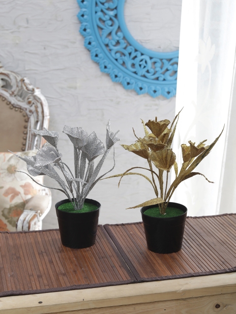 

FOLIYAJ Set of 2 Silver-Toned & Gold-Toned Artificial Plant With Pot