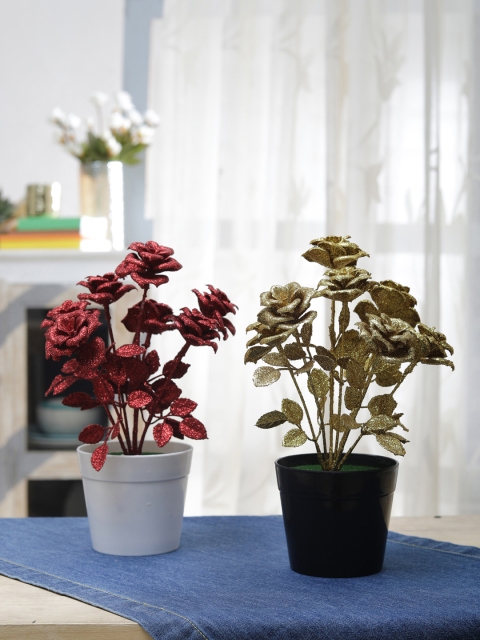 

FOLIYAJ Set of 2 Red & Gold-Toned Artificial Plant With Pot