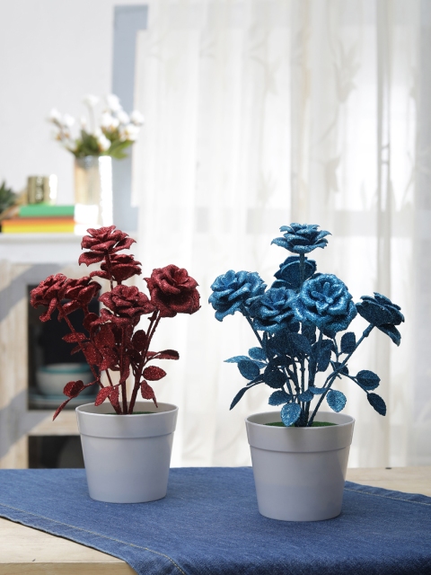 

FOLIYAJ Set of 2 Red & Blue Artificial Plant With Pot