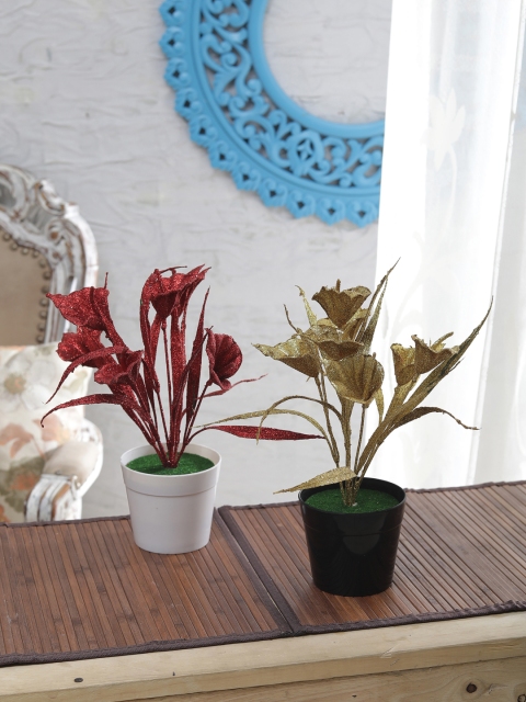 

FOLIYAJ Set of 2 Red & Gold-Toned Artificial Plant With Pot