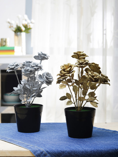 

FOLIYAJ Set of 2 Silver-Toned & Gold-Toned Artificial Plant With Pot