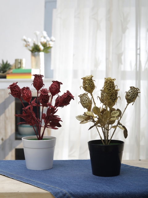 

FOLIYAJ Set of 2 Red & Gold-Toned Artificial Plant With Pot