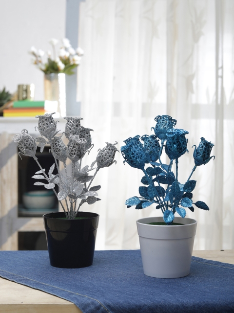 

FOLIYAJ Set of 2 Silver-Toned & Blue Artificial Plant With Pot