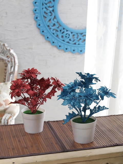 

FOLIYAJ Set of 2 Red & Blue Artificial Plant With Pot