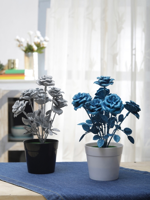 

FOLIYAJ Set of 2 Silver-Toned & Blue Artificial Plant With Pot