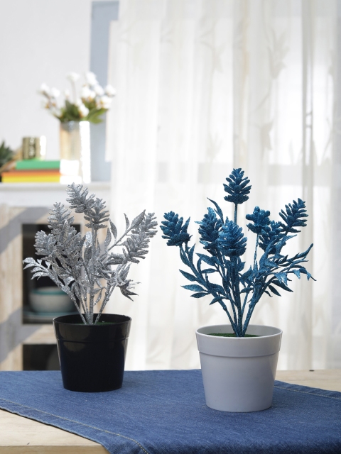 

FOLIYAJ Set of 2 Silver-Toned & Blue Artificial Plant With Pot