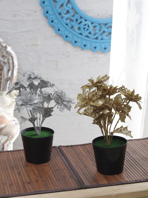 

FOLIYAJ Set of 2 Silver-Toned & Gold-Toned Artificial Plant With Pot